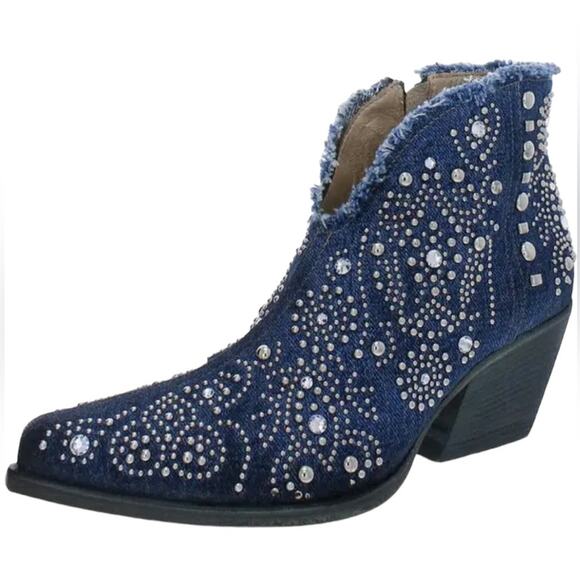NWOT Vince Camuto (Vero Cuoio) Denim Rhinestone Studded Ankle Boots EU 40/US 10 - Picture 1 of 7